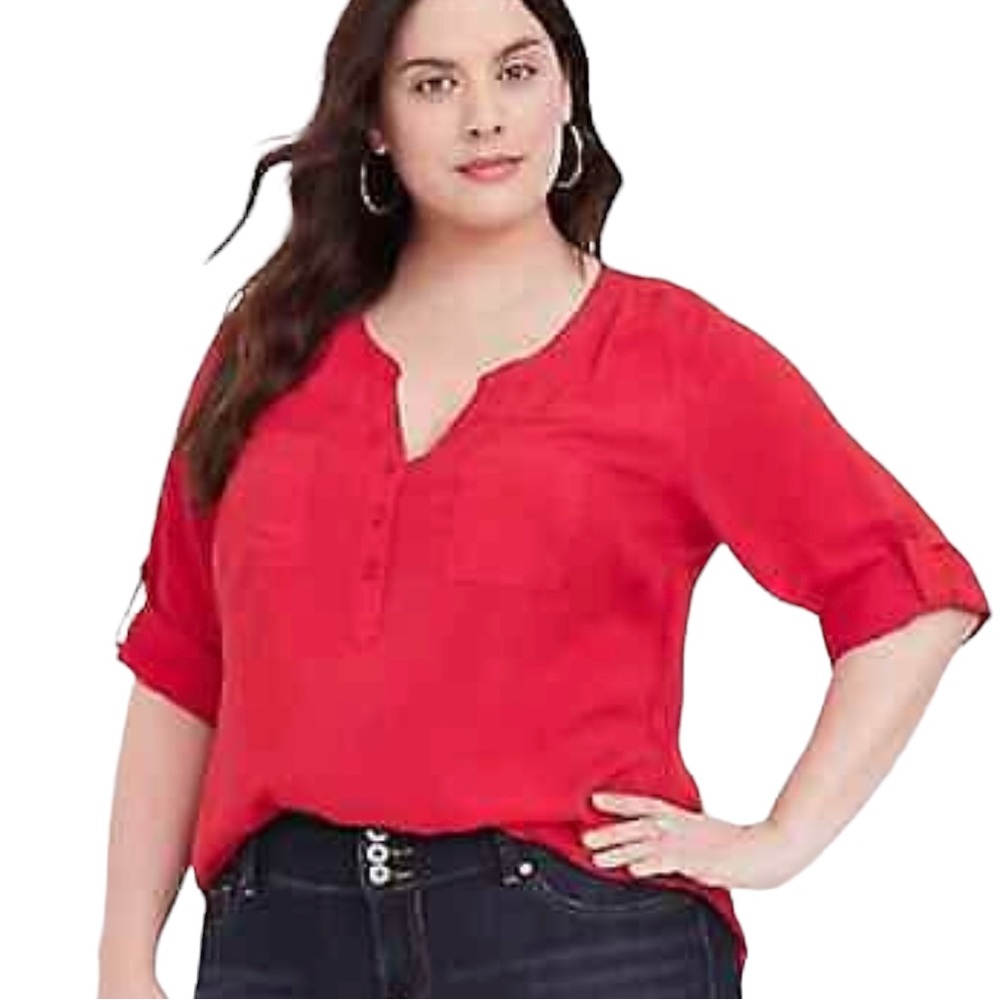 TORRID Harper Red Challis Tab Sleeve Popover Top